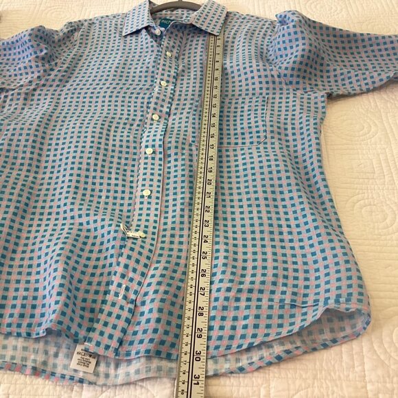 michael's Men's 100% Linen Shirt Made in USA size L pink blue check prints - Picture 6 of 11